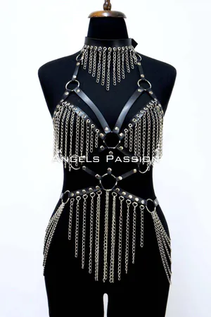 Red faux leather full body harness with silver chain fringe and choker