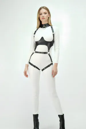 Black vegan leather full body harness with choker, underbust, and thigh straps