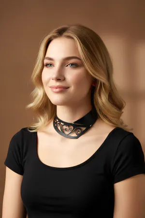 Black Faux Leather Laser Cut Swirl Choker Necklace