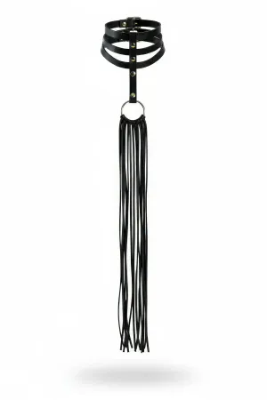 Black faux leather choker harness with O-ring and long fringed tassels