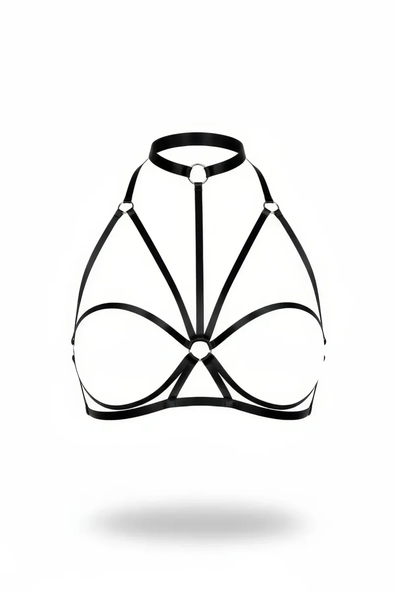 Siyah Mikrofiber Göğüs Harness Yüksek Yaka O-Ring Detaylı