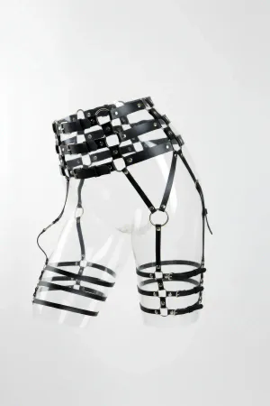 Black Faux Leather High Waist Caged Garter Harness with Multiple Thigh Straps