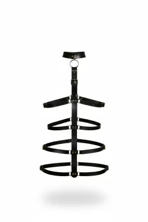 Black faux leather strappy cage body harness with O-ring collar