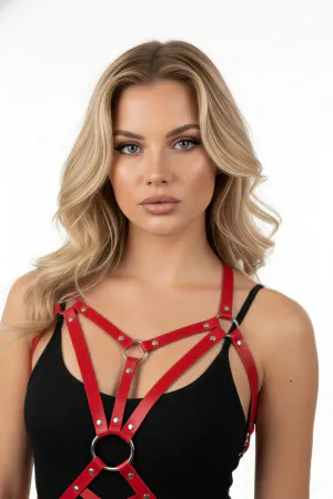 Red Faux Leather Chest Harness Women Adjustable Studded Straps
