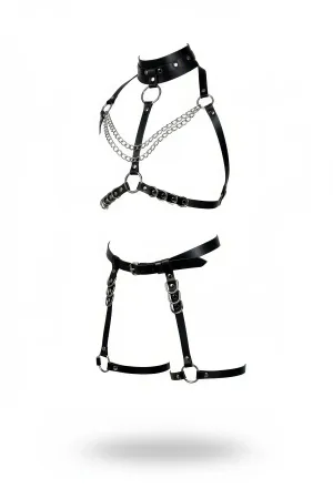 Black Vegan Leather Body Harness Set with Chains and Thigh Garters