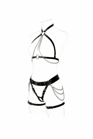 Black Faux Leather Full Body Harness with Silver Chains