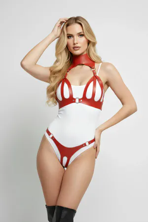 Red Faux Leather Full Body Harness with Choker and O-Rings
