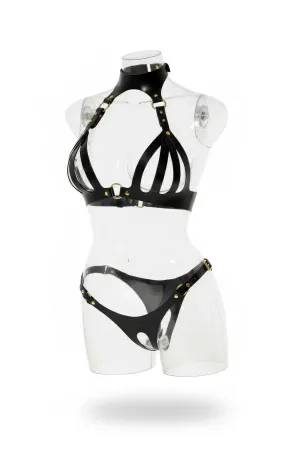 Black Faux Leather Caged Bra and Panty Harness Set with Gold Hardware