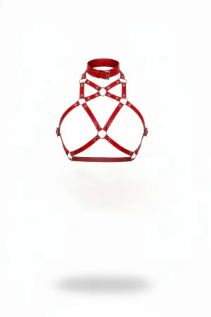 Red Faux Leather Caged Chest Harness Women High Collar O-Ring Straps Front View