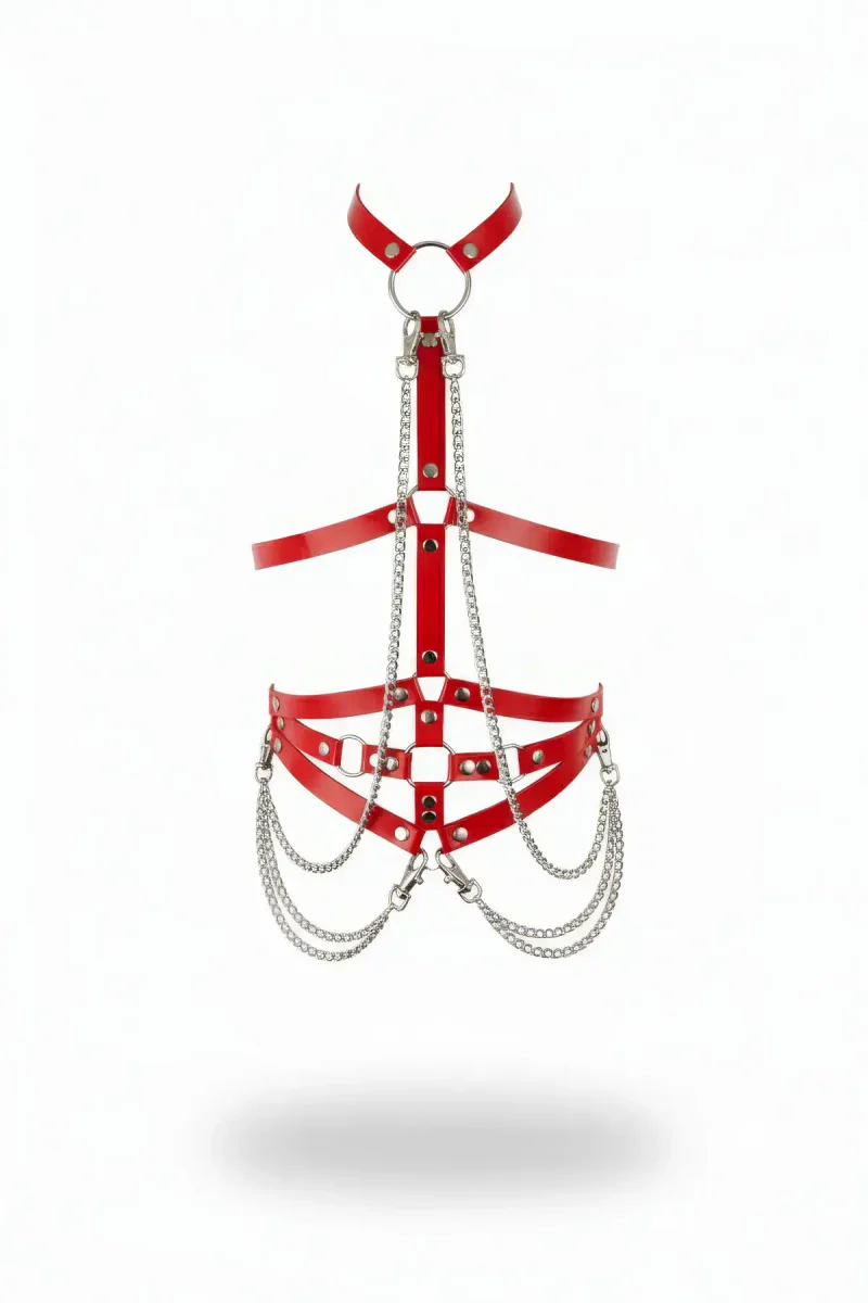 Red Faux Leather Body Harness with Choker and Draped Silver Chains