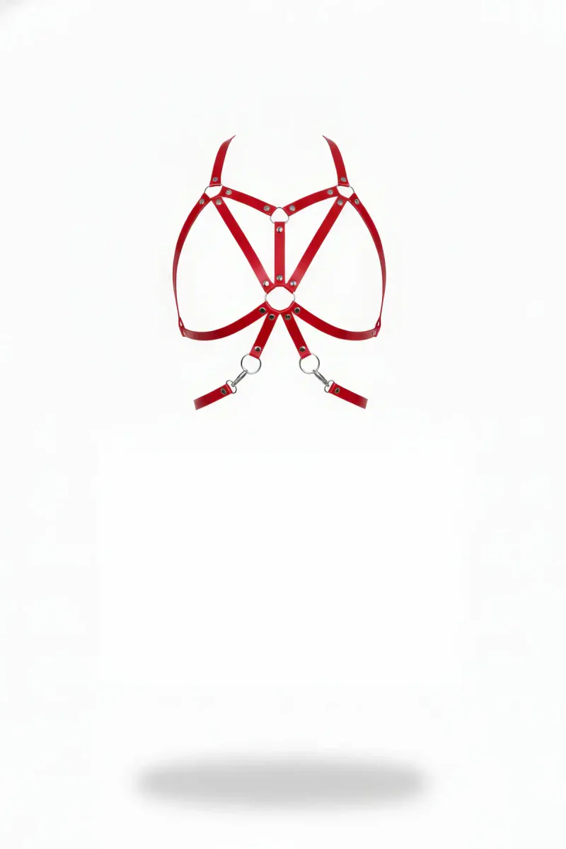 Red Faux Leather Chest Harness Intersecting O-Rings Adjustable Straps