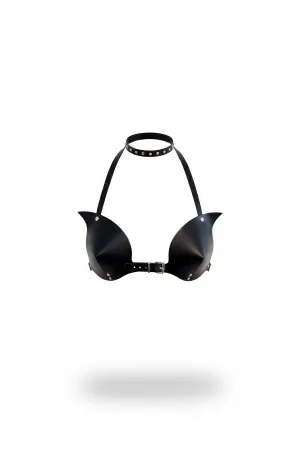 Black Faux Leather Spiked Cup Harness Bra with Studded Choker