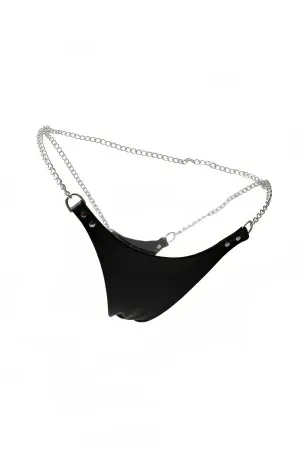Black Faux Leather Thong Men Adjustable Silver Chain Detail