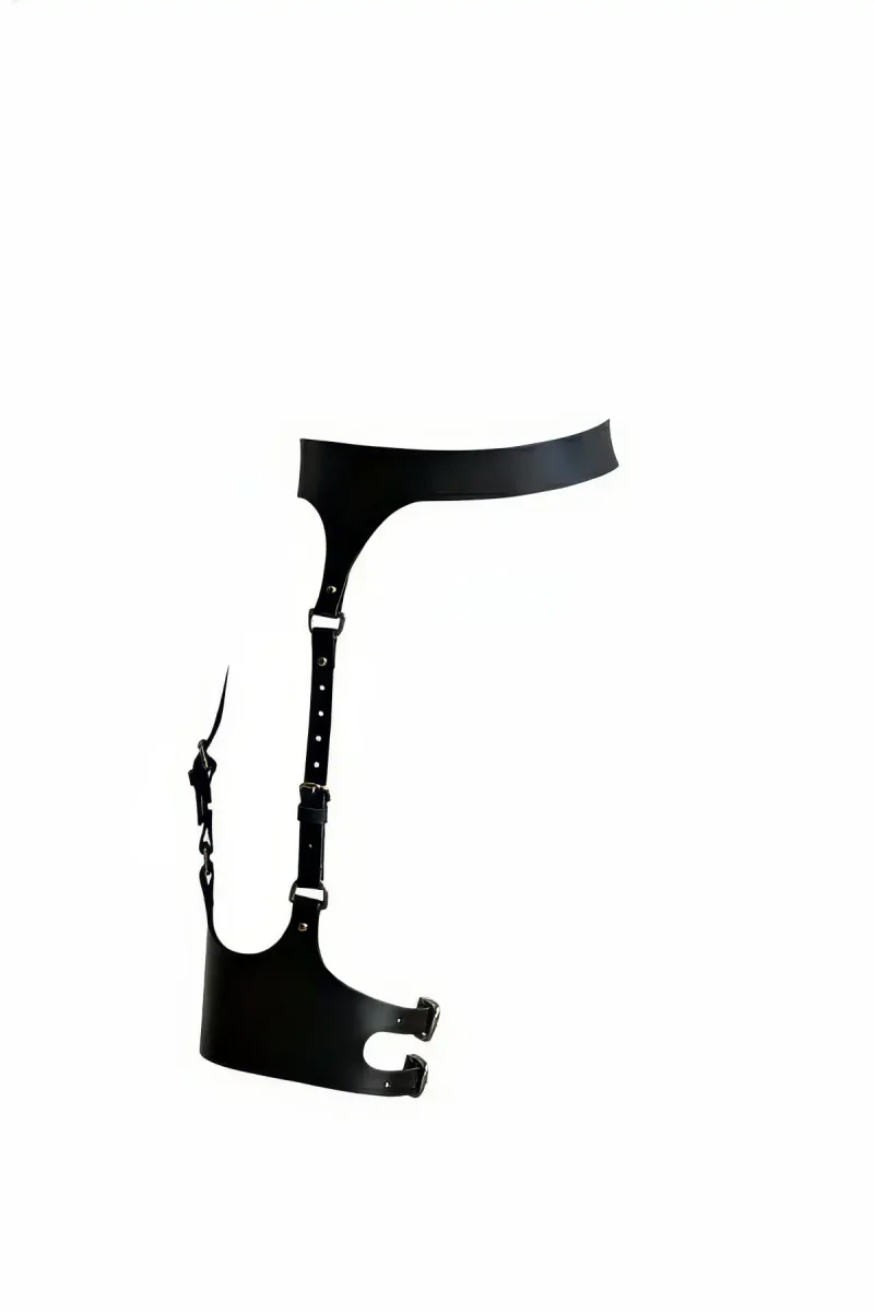 Siyah Faux Leather Jartiyer Harness Bel ve Bacak Desteği Metal Halka Detaylı