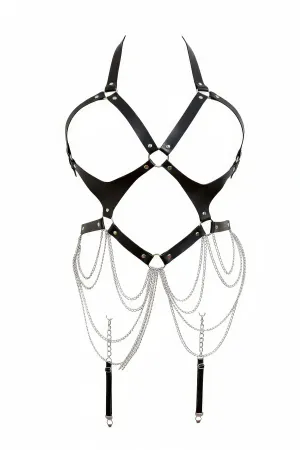 Siyah Body Harness Suni Deri Zincir Detaylı Vücut Aksesuarı - APFT1161