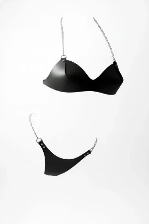 Black Faux Leather Bra & Thong Harness Set with Silver Chain Straps