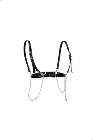 Black Faux Leather Chest Harness Draping Silver Chains Underbust