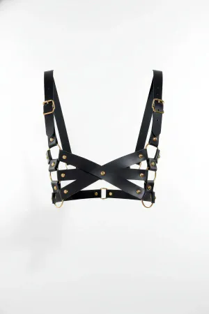 Siyah kadın deri vücut harnessı, çapraz strap detaylı, gold halkalı