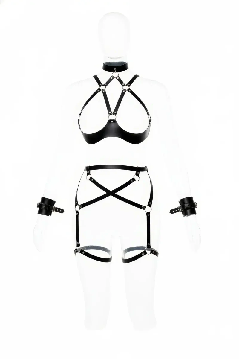 Black Faux Leather Full Body Cage Harness Set with Garter Belt and Cuffs on mannequin