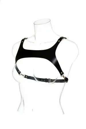 Siyah suni deri, tokalı ve ayarlanabilir bantlı kadın vücut harness'ı