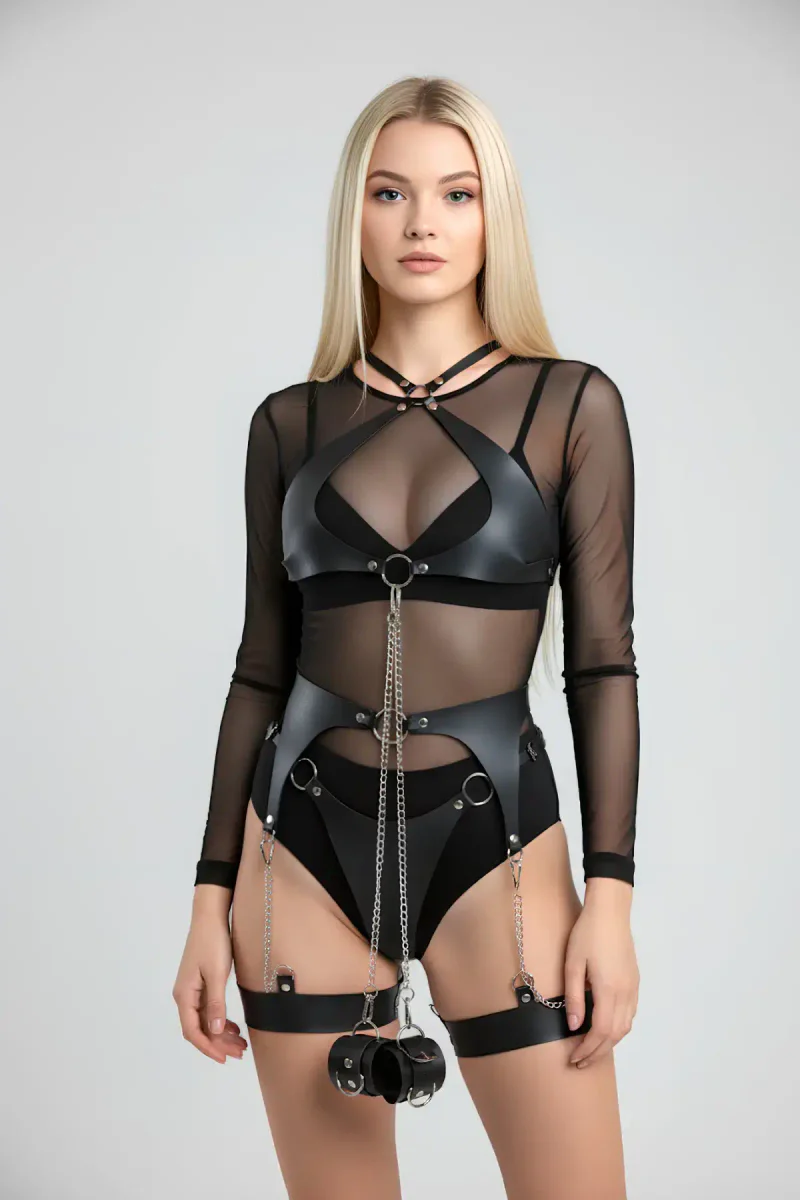 Black Faux Leather Full Body Harness Women Draped Chain Leg Cuffs