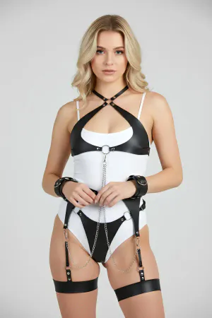 Black Faux Leather Full Body Harness Women Draped Chain Leg Cuffs