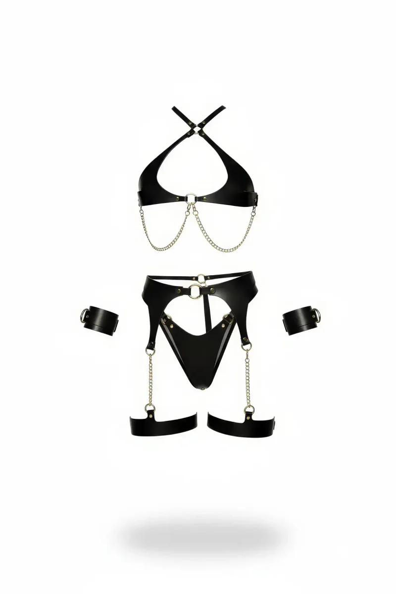 Black Faux Leather Harness Set with Chain Detail and Cuffs