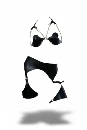Black Faux Leather Harness Bra and Garter Belt Set with Silver Chains
