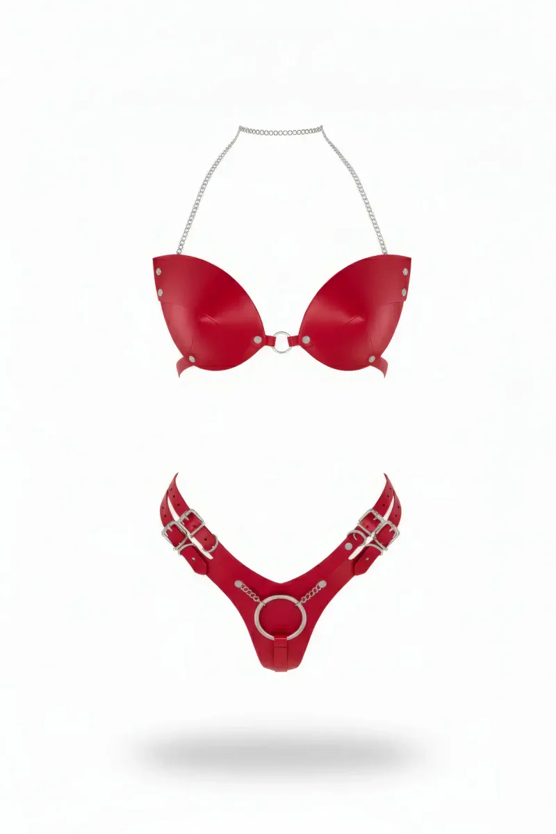 Red Faux Leather Bra and Harness Panty Set with Silver Chain Detail