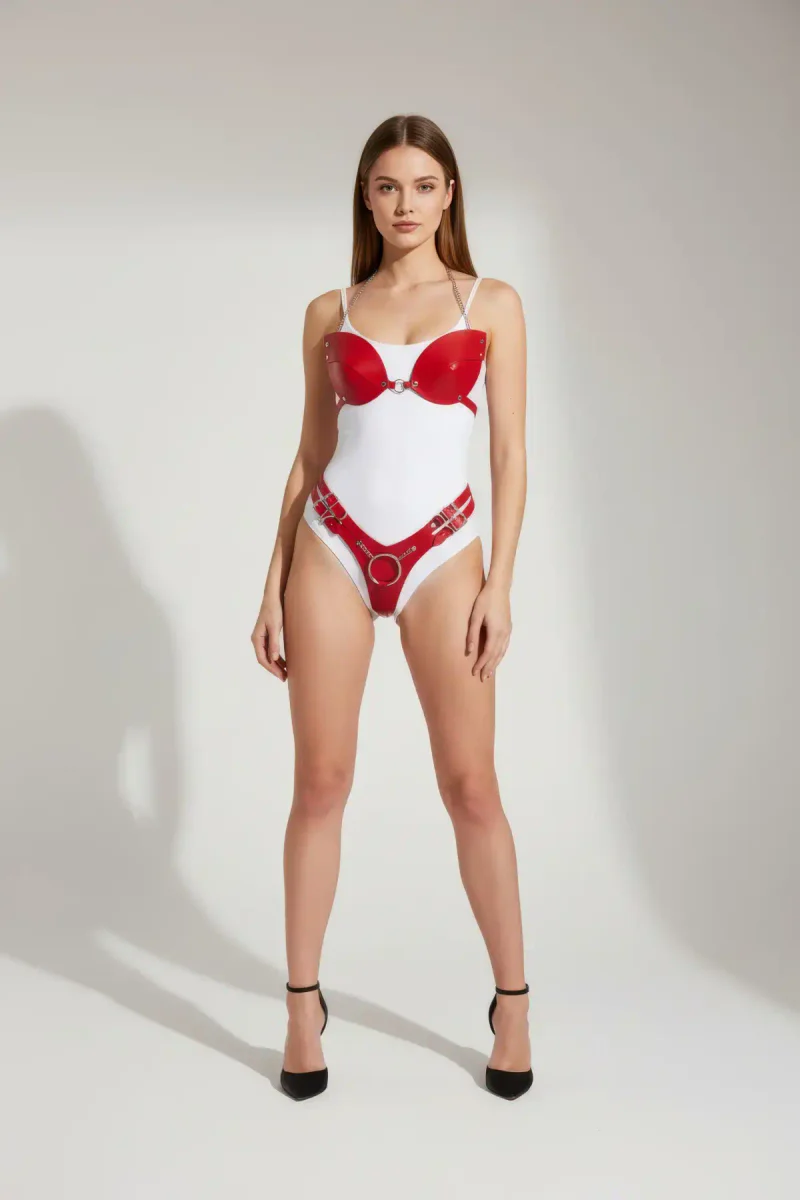 Red Vegan Leather Body Harness Front View