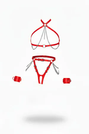 Red Faux Leather Body Harness Set with Chains Cuffs