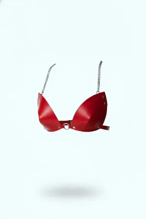 Red Conical Cup Faux Leather Chest Harness with Silver Chain Straps