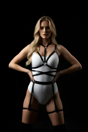 Black Faux Leather Full Body Harness with O-Rings and Thigh Straps