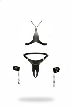 Black Faux Leather Four-Piece Body Harness Set with Chains and Cuffs
