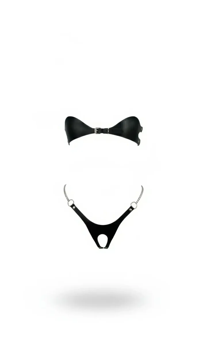 Black Faux Leather Strapless Harness Bralette and G-String Set with Silver Chains