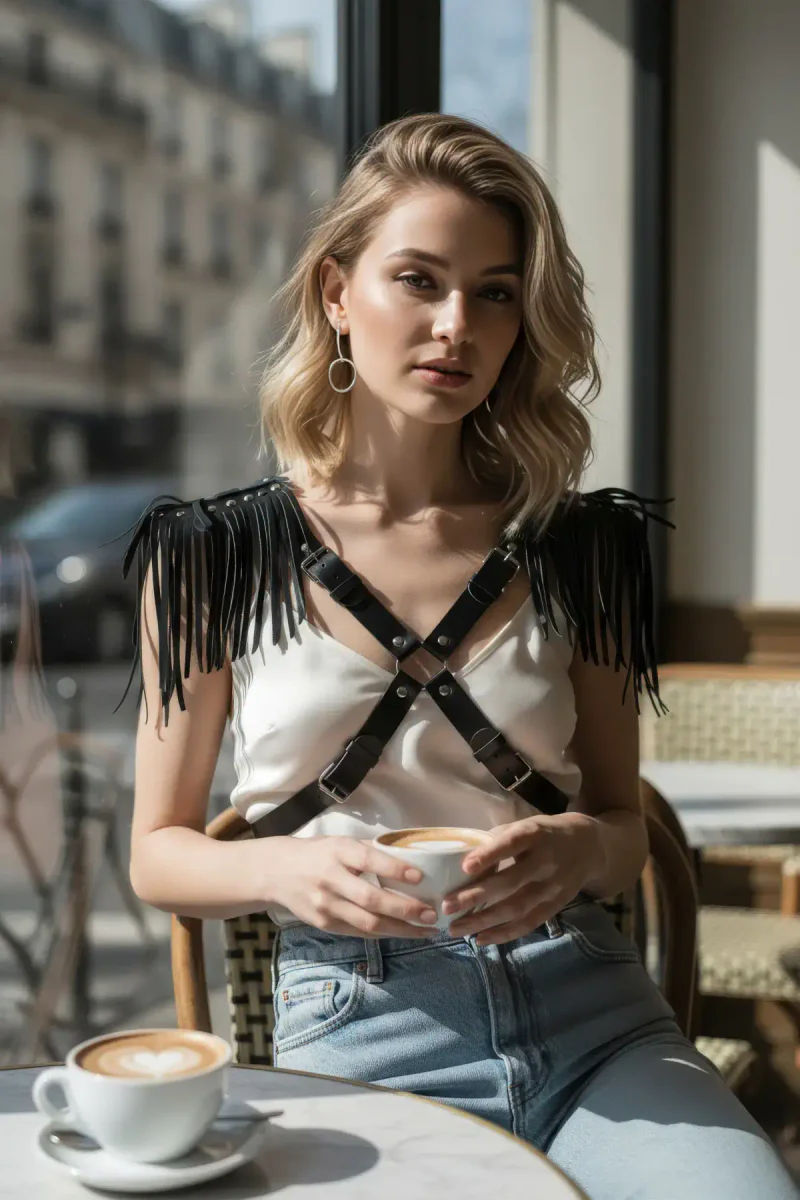 Kadın modelin üzerinde siyah püsküllü vücut harness aksesuarı ön görünüm