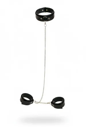 Black Faux Leather Neck Collar Wrist Strap Set with Silver Chain