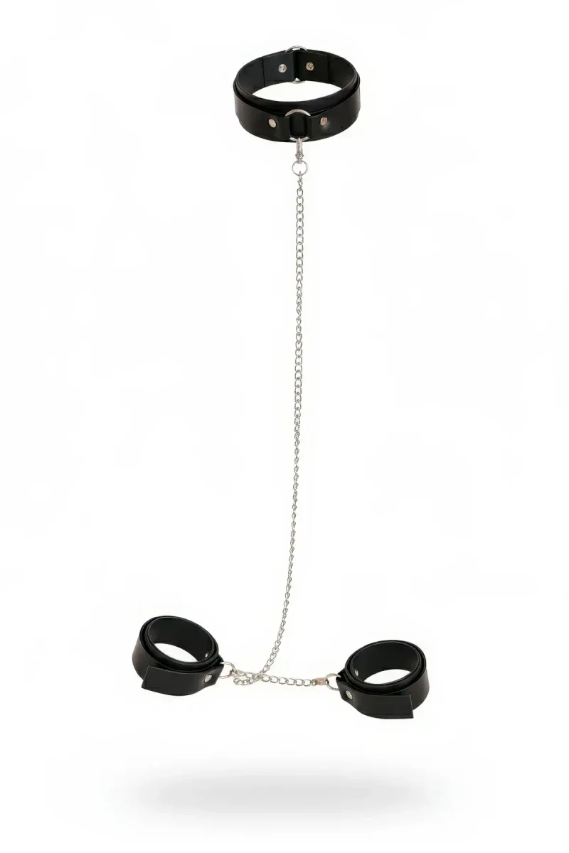 Black Faux Leather Neck Collar Wrist Strap Set with Silver Chain