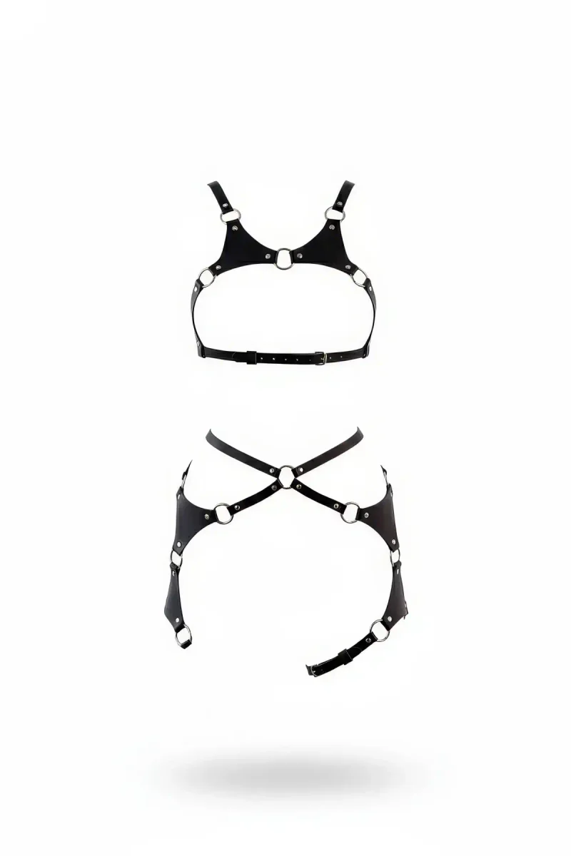 Black Faux Leather O-Ring Harness Set Women with Strappy Bra and Garter Skirt