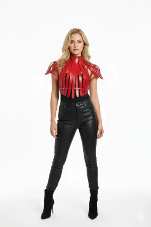 Red Faux Leather Sculpted Shoulder Harness Top with High Collar