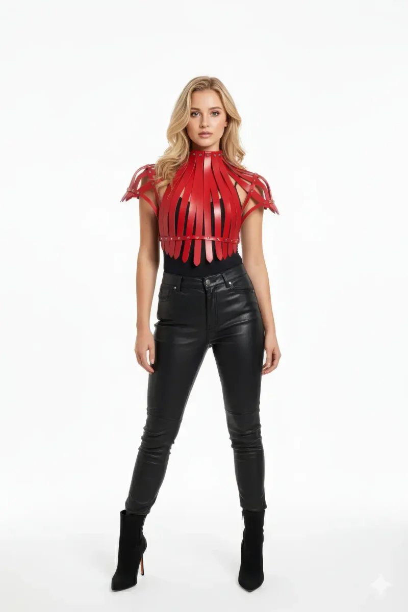 Red Faux Leather Sculpted Shoulder Harness Top with High Collar
