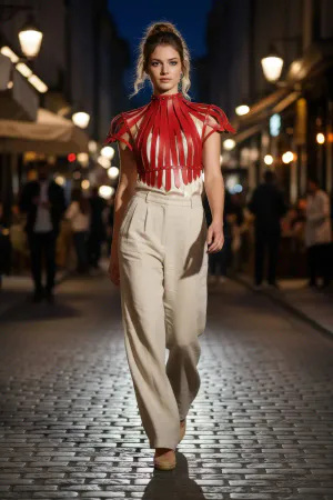 Red Faux Leather Sculpted Shoulder Harness Top with High Collar