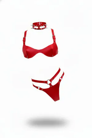 Red Faux Leather Lingerie Set with Spiked Choker Bra and G-String