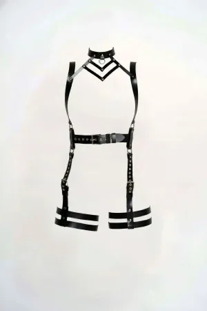 Black Faux Leather Full Body Harness Women Adjustable Straps O-Ring Closure
