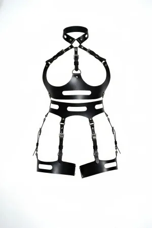 Black Faux Leather Full Body Harness Women with Thigh Garters