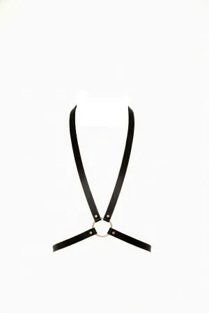 Black Faux Leather Minimalist Chest Harness Gold O-Ring Detail Adjustable Straps