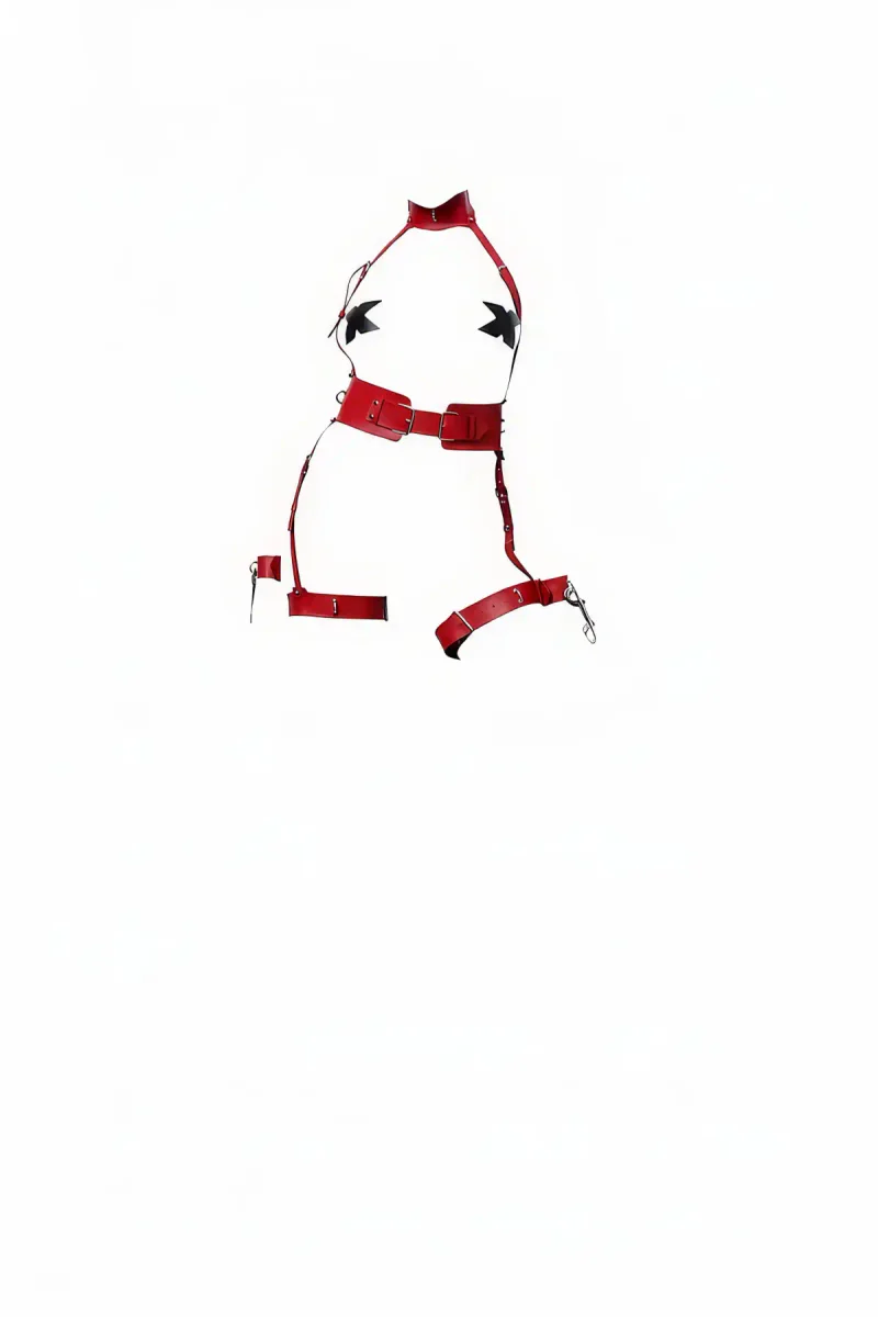 Red Faux Leather High Collar Body Harness Waist Belt with Crisscross Chest Straps