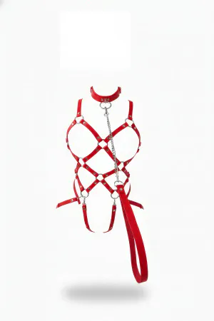 Red Faux Leather Caged Body Harness Women with Detachable Chain and Leash