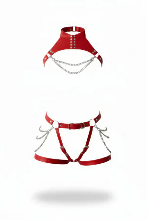 Red Faux Leather Choker and Garter Harness Set with Silver Chains