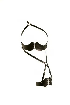 Black Faux Leather Body Harness with Studded Garter and O-Ring